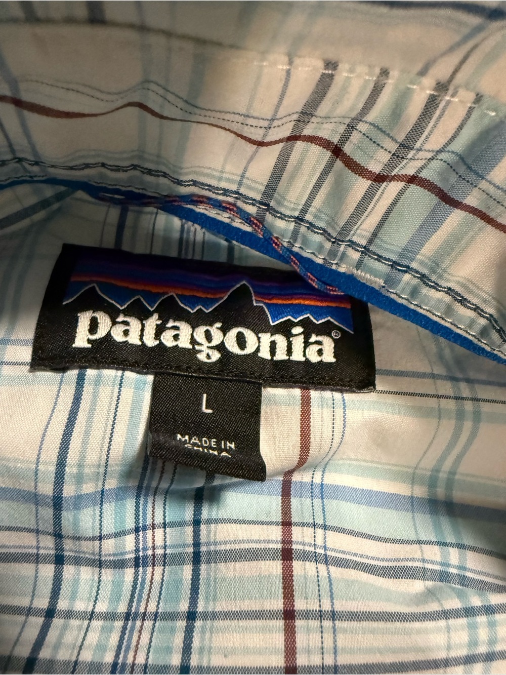 Patagonia Light Blue Plaid Shirt with Brown and Navy Stripes